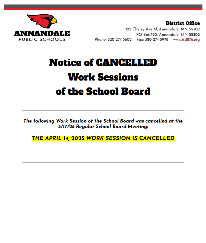  4/14/25 Work Session Cancelled